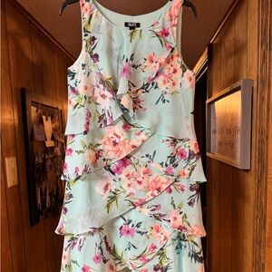SLNY Mint Floral Ruffle Tiered Sleeveless Dress with Pink Blossoms